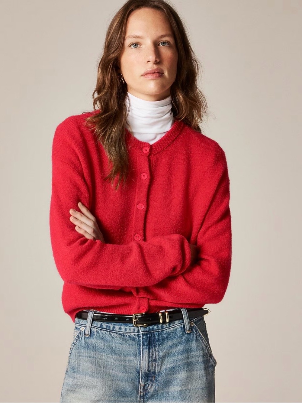 J Crew red super soft bubble hem cardigan